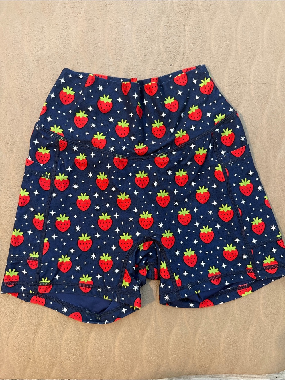Silver Jeans Navy Bike Shorts with Red Strawberry Print